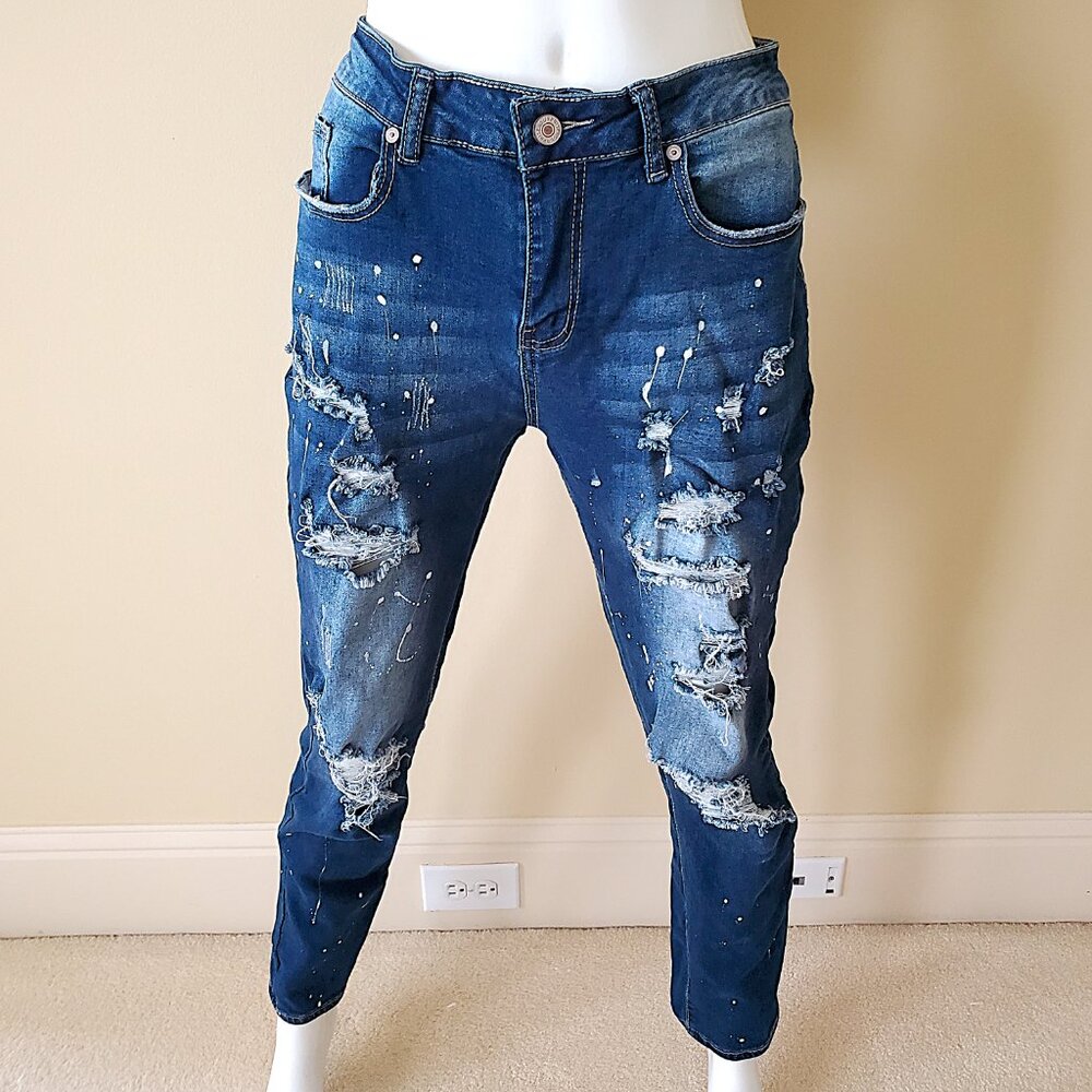 Kunmi Dark Wash Splash Ink Ripped Frayed Rag Stitching Jeans SZ 30